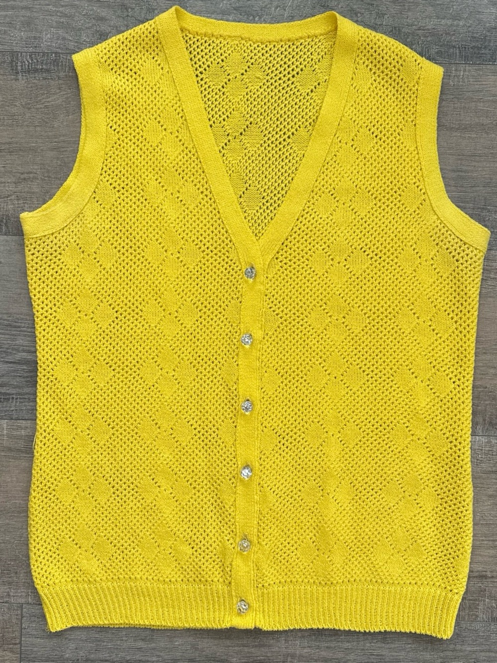 Vintage 90s Y2K Yellow Pointelle Knit Vest Cardigan Rhinestone Buttons M